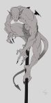 abs absurd_res anthro athletic athletic_humanoid athletic_male black_claws claws demon hi_res humanoid kuji0419 loincloth_only looking_at_viewer male pale_body pale_skin pole sharp_claws small_wings solo spade_tail tail wings