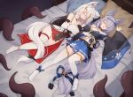 2girls animal_ear_fluff animal_ears black_sleeves blue_dress breasts closed_eyes commentary commission detached_sleeves dress english_commentary fox_ears fox_girl grey_hair highres large_breasts long_hair lying multiple_girls no_shoes on_back on_bed open_mouth original pillow red_dress tentacles thighhighs trimbil variant_set white_sleeves white_thighhighs 