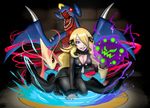  1girl black_background black_pants black_shoes blonde_hair blue_eyes breasts champion cleavage cosmo_(465lilia) cosmo_(pixiv12140406) garchomp hair_ornament hair_over_one_eye hand_on_ground holding large_breasts long_hair milotic pants pokeball pokemon pokemon_(creature) pokemon_(game) pokemon_dppt puzzle_and_dragons shirona_(pokemon) spiritomb 