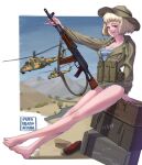  1girl absurdres afghanistan aircraft ak-74 aks-74 ammunition_pouch artist_name assault_rifle bare_legs barefoot blonde_hair breasts brown_eyes bucket_hat camouflage collarbone commentary fatigues feet full_body green_jacket grin gun gun_sling hat helicopter highres holding holding_gun holding_weapon jacket kalashnikov_rifle legs load_bearing_equipment long_sleeves looking_at_viewer magazine_(weapon) medium_hair mi-24 military military_uniform military_vehicle no_pants open_clothes open_jacket original outdoors pouch puto_trash rifle shirt shoes sitting sky smile solo soviet soviet_army striped striped_shirt teeth telnyashka thighs toenails toes uniform unworn_shoes war_in_afghanistan weapon 