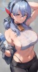  1girl absurdres ako_(blue_archive) amagimei arm_behind_head bell black_pants blue_archive blue_eyes blue_hair bottle breasts closed_mouth commentary_request crop_top gloves hair_between_eyes hairband highleg highleg_panties highres large_breasts long_hair navel neck_bell panties pants partial_commentary sideboob smile solo sportswear stomach tank_top underwear water_bottle white_tank_top yoga_pants 