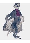  1boy animal_ears animal_feet bird_boy bird_legs bird_tail bird_wings black_coat black_eyes black_pants coat collared_coat colored_skin ear_piercing feathered_wings full_body grey_background grey_hair grey_skin grey_wings highres jacket jacket_on_shoulders kaibatu2mm long_sleeves looking_to_the_side male_focus monster_boy open_mouth original pants piercing red_shirt shirt short_hair simple_background solo spot_color standing standing_on_one_leg tail talons trench_coat very_short_hair winged_arms wings 