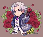  1boy black_gloves blue_coat brown_background brown_footwear character_name closed_mouth coat collared_shirt flower full_body gloves grey_eyes grey_hair hand_on_own_hip holding holding_flower kotorai lee_chaolan male_focus necktie pants petals pink_necktie red_flower red_rose rose rose_petals shirt short_hair signature smile solo standing tekken vest white_pants white_vest 