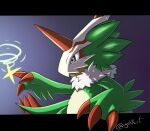 anthro bandai_namco claws digimon digital_media_(artwork) digital_painting_(artwork) feathers gekkart green_body green_feathers grey_eyes hi_res horn male mask solo unknown_species wings