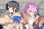  2girls ahoge animal_ears black_hair casual cat cat_ears cat_girl commentary_request controller crossed_bangs game_controller green_eyes holding holding_controller holding_game_controller hololive hood hoodie indoors long_sleeves multiple_girls nekomata_okayu nintendo_64_controller oozora_subaru purple_eyes purple_hair short_hair tamo_(gaikogaigaiko) virtual_youtuber white_hoodie 