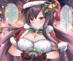  1girl alternate_costume animal_ears blurry blurry_background breasts cleavage closed_mouth commentary_request gift gloves hat holding holding_gift horse_ears horse_girl liukensama medium_breasts mejiro_dober_(umamusume) purple_eyes ribbon santa_costume santa_hat smile solo translation_request umamusume 