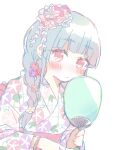  1girl blue_hair blunt_bangs blush bracelet braid braided_ponytail cha_ipride closed_mouth dutch_angle floral_print flower gradient_hair hair_flower hair_ornament hair_over_shoulder hand_fan highres holding holding_fan hyodou_shizuku idoly_pride japanese_clothes jewelry kanzashi kimono long_bangs long_hair looking_at_viewer multicolored_hair obi paper_fan pink_flower pink_hair plaid_kimono print_kimono red_eyes red_flower sash sidelocks simple_background solo uchiwa upper_body white_background white_kimono yukata 