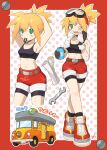  1girl blonde_hair blueprint_(object) blush_stickers goggles goggles_on_head green_eyes hair_tie_in_mouth highres jacket mega_man_(series) mega_man_legends_(series) motor_vehicle mouth_hold navel one_eye_closed roll_caskett_(mega_man) short_socks shorts solo sports_bra sweat touhou3939 towel translation_request unworn_jacket van wrench 