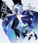  1boy blue_eyes blue_fire blue_hair blue_skin cape capelet character_name colored_skin cookie_run dual_persona fire highres humanization looking_at_viewer multicolored_hair osafune_ai personification short_hair solo space star_(symbol) stardust_cookie two-tone_hair white_capelet white_hair 