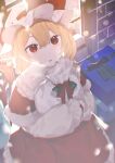  1girl bag blonde_hair box capelet christmas commentary flandre_scarlet fur-trimmed_capelet fur_trim gift gift_box hat highres holding holding_bag laspberry. mob_cap red_capelet red_eyes red_skirt shirt short_hair skirt solo symbol-only_commentary touhou white_shirt 