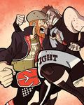  artist_name bandages beard blood blood_splatter boots brown_hair bruise clenched_hand clenched_teeth english facial_hair fighting hat injury jacket kevin_owens male_focus multiple_boys muscle orange_hair pants sami_zayn shirt shirt_grab shoes shorts signature steve_yurko tattoo teeth wwe 