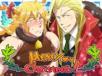  2boys animal_costume antlers bara bell character_request christmas christmas_wreath covered_nipples huge_eyebrows large_pectorals long_hair looking_at_viewer male_focus merry_christmas multiple_boys muscular muscular_male neck_bell osu!_banchou pectorals reindeer_antlers reindeer_costume seductive_smile shirt short_hair shy sleeveless sleeveless_shirt smile snowing sugo6969 taut_clothes taut_shirt thick_eyebrows translation_request upper_body wreath yaoi 