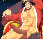  1boy abs bara bare_pectorals beard blush censored christmas cigar ded_(housamo) facial_hair foreskin from_below gift_bag hat highres huge_penis jewelry large_pectorals legs_apart looking_at_viewer male_focus mature_male mosaic_censoring muscular muscular_male navel necklace nipples old old_man pants_around_one_leg pants_boxer pectorals penis red_headwear santa_costume santa_hat short_hair sky solo star_(sky) starry_sky stomach strongman_waist thick_eyebrows thick_thighs thighs tokyo_afterschool_summoners 