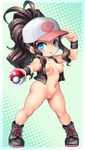  10s 1girl :3 :d antenna_hair bare_legs baseball_cap boots brown_hair chibi female full_body hair_ornament hat legs long_hair looking_at_viewer nintendo poke_ball poke_ball_hat poke_ball_print pokemon pokemon_(game) pokemon_bw ponytail pussy touko_(pokemon) very_long_hair 