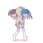 3girls :d blank_eyes blue_hair blush boots brown_eyes brown_hair carrying_over_shoulder detached_sleeves from_behind grey_hair hair_ornament highres idoly_pride kabotd long_hair multiple_girls okuyama_sumire open_mouth pleated_skirt pom_pom_(clothes) pom_pom_hair_ornament shorts sidelocks skirt smile straight_hair suzumura_yuu tendou_rui thigh_boots twintails two_side_up walking white_footwear white_shorts white_skirt white_sleeves 