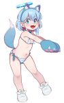  1girl :d absurdres animal_ears animal_hands arona_(blue_archive) belt_collar bikini blue_archive blue_bikini blue_collar blue_eyes blue_hair blue_halo blue_pupils braid breasts collar commentary dog_ears dog_paws dog_tail fake_animal_ears fake_tail fang full_body gloves halo highres looking_at_viewer lulubelleiii mismatched_pupils navel open_mouth paw_gloves pink_hair red_pupils shoes short_hair side-tie_bikini_bottom side_braid simple_background single_braid small_breasts smile sneakers solo striped striped_bikini swimsuit tail white_background white_footwear 