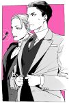  2boys adjusting_clothes buttoned_cuffs closed_mouth collared_shirt commentary_request finger_in_ear gamou_jirou greyscale_with_colored_background hand_on_own_ear hand_up jacket joker_game lapels long_sleeves looking_ahead looking_at_viewer male_focus miyoshi_(joker_game) multiple_boys necktie open_clothes open_jacket open_mouth pink_background shi646 shirt short_hair simple_background spoken_object sweatdrop swept_bangs upper_body vest waistcoat 