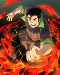  ;d artist_name avatar_(series) blue_hair bolin bruise bruise_on_face clenched_hand eyebrows green_eyes injury male_focus molten_rock one_eye_closed open_mouth popped_collar smile solo spoilers t_k_g the_legend_of_korra thick_eyebrows 