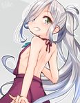  adapted_costume asashimo_(kantai_collection) bare_back bare_shoulders blush dress from_behind grin hair_over_one_eye kantai_collection long_hair looking_at_viewer looking_back no_shirt open_mouth silver_hair simple_background sleeveless sleeveless_dress smile solo tamanoi_peromekuri yellow_eyes 