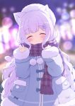  1girl animal_ears blue_coat blurry blurry_background bow cat_ears closed_eyes coat fang hair_ornament highres original purple_hair purple_scarf scarf snowflake_hair_ornament tyakomes waving winter_clothes winter_coat 