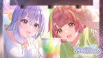  2girls :d absurdres ahoge blue_hair blurry blurry_background blurry_foreground brown_eyes brown_hair collarbone commentary_request crossed_bangs detached_collar hair_between_eyes hair_ornament hairclip highres idolmaster idolmaster_shiny_colors ikuta_haruki jewelry long_hair long_sleeves looking_at_viewer multiple_girls necklace official_art open_mouth purple_eyes short_hair smile suzuki_hana upper_body 