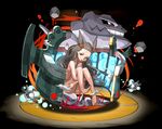  1girl barefoot black_background bronzong brown_eyes cosmo_(465lilia) cosmo_(pixiv12140406) gym_leader hair_ornament long_hair magnemite mikan_(pokemon) nude pokemon pokemon_(creature) pokemon_(game) pokemon_gsc pokemon_hgss puzzle_and_dragons silver_hair sitting steelix tagme twintails 