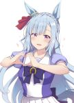  1girl animal_ears bloom blue_hair blush bow bowtie braid commentary_request cowboy_shot crown_braid ear_ribbon eyes_visible_through_hair heart heart_hands highres horse_ears horse_girl horseshoe_ornament hoshino_ouka long_hair looking_at_viewer mejiro_ardan_(umamusume) open_mouth puffy_short_sleeves puffy_sleeves purple_bow purple_bowtie purple_eyes purple_shirt red_ribbon ribbon sailor_collar school_uniform shirt short_sleeves simple_background smile solo tracen_school_uniform umamusume very_long_hair white_background white_sailor_collar 