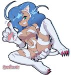 absurd_res animal_humanoid blue_hair breasts brown_body brown_skin capcom claws darkstalkers felicia_(darkstalkers) felid felid_humanoid feline feline_humanoid female fur hair hair_over_eye hand_on_butt hi_res humanoid long_hair looking_at_viewer mammal mammal_humanoid one_eye_obstructed pawpads senshion signature simple_background smile solo teeth white_body white_fur