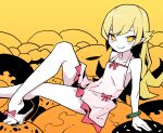 1girl akableak arm_support bare_shoulders blonde_hair blush_stickers bracelet closed_mouth doughnut dress fang fang_out food highres jewelry knee_up long_hair looking_at_viewer monogatari_(series) oshino_shinobu pointy_ears sandals sitting smile solo white_footwear yellow_eyes 