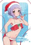  1girl armpits bare_shoulders bikini blush c_(theta) collarbone commentary_request fur-trimmed_bikini fur-trimmed_headwear fur_trim groin hat highres idolmaster idolmaster_million_live! looking_at_viewer makabe_mizuki merry_christmas navel petite pinky_out purple_hair santa_bikini santa_hat short_hair solo stomach string string_of_fate swimsuit v 