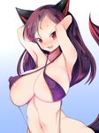  animal_ears armpits arms_behind_back breasts collarbone covered_nipples doku_corne fang gradient gradient_background highres huge_breasts imaizumi_kagerou long_hair looking_at_viewer navel open_mouth solo sweat swimsuit tail touhou wolf_ears wolf_tail 