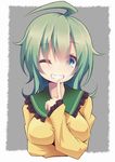  absurdres ahoge bad_id bad_pixiv_id between_breasts breasts commentary_request green_hair grey_background grin hand_between_breasts highres huge_ahoge komeiji_koishi long_sleeves medium_breasts no_hat no_headwear sakakiba_misogi shirt silver_eyes smile solo teeth touhou wide_sleeves yellow_shirt 