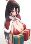  1girl black_hair blue_archive box breasts capelet cleavage gift gift_box hasumi_(blue_archive) highres huge_breasts long_hair red_capelet red_eyes santa_costume simple_background solo suzuya_(maru) very_long_hair white_background 