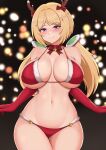  1girl aki_rosenthal bare_shoulders bikini blonde_hair blush breasts closed_mouth collarbone elbow_gloves gloves highres hololive large_breasts long_hair looking_at_viewer low_twintails navel purple_eyes red_bikini red_gloves santa_costume sleeptopi smile solo swimsuit twintails virtual_youtuber 