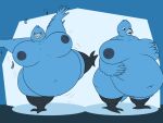 3_toes 4:3 5_fingers anthro avian avian_feet big_breasts bird blue_body blue_eyes blue_nipples breasts eyeoflucario feathers feet female fingers hand_on_breast hand_on_own_belly holding_belly huge_belly meme navel nipples non-mammal_nipples obese obese_anthro obese_female overweight overweight_anthro overweight_female solo standing toes tweetfur twitter