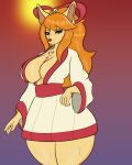 absurd_res anthro asian_clothing big_breasts bodily_fluids breasts canid canine ceroba_(undertale_yellow) clothing east_asian_clothing female fox hair hi_res inner_boob japanese_clothing long_hair looking_at_viewer mammal solo sweat xionthedog yukata