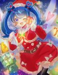  1girl ;d black_thighhighs blue_angel blue_eyes blue_hair box dress gift gift_box hat holding holding_gift holding_sack looking_at_viewer mo_0_06 one_eye_closed red_dress red_headwear sack santa_dress santa_hat smile solo thighhighs twintails yu-gi-oh! yu-gi-oh!_vrains zaizen_aoi 