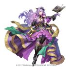  1girl armor bare_shoulders book breasts camilla_(alluring_darkness)_(fire_emblem) camilla_(fire_emblem) cleavage copyright_name detached_sleeves dress fire_emblem fire_emblem_fates fire_emblem_heroes floating floating_book floating_object frilled_dress frills full_body gloves hair_over_one_eye large_breasts long_hair looking_at_viewer official_alternate_costume okuma_mai open_book pantyhose purple_eyes purple_gloves purple_hair purple_pantyhose smile solo tiara very_long_hair wavy_hair 