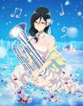 barefoot bass_clef beamed_eighth_notes black_hair blue_eyes choker dress eighth_note euphonium flower glasses hair_between_eyes hair_ornament hibike!_euphonium high_heels highres holding house instrument kyoto_animation leaf musical_note official_art outdoors petals quarter_note shawl short_sleeves sky smile solo tanaka_asuka tree 