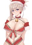  1girl blue_eyes blush breasts earrings fate/grand_order fate_(series) hat highres jewelry large_breasts long_hair looking_at_viewer miyamoto_musashi_(fate) navel pink_hair ponytail ryouya santa_hat solo swept_bangs 