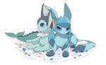  animal_focus blue_eyes blue_skin closed_mouth colored_skin evolutionary_line fins forked_tail glaceon head_fins no_humans pokemon pokemon_(creature) prehensile_hair sitting tail vaporeon white_background yumeminoideyu2 