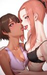  2girls blue_eyes bra breasts brown_hair cleavage collarbone dark-skinned_female dark_skin eye_contact french_kiss grabbing grabbing_another&#039;s_breast highres interracial kiss light_blush lingerie long_hair looking_at_another medium_breasts multiple_girls original ponytail rakuga_kiya red_eyes ribs saliva scrunchie short_hair simple_background tank_top teeth tongue underwear upper_body upper_teeth_only white_background yuri 