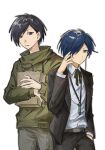  2boys aiba_ibuki bag belt black_hair black_jacket black_pants blue_eyes blue_hair brown_belt cha_wu chinese_commentary closed_mouth collared_shirt commentary_request crossover green_hoodie grey_pants hair_over_one_eye hairstyle_connection hand_in_pocket hand_on_own_head height_difference highres holding holding_bag hood hood_down hoodie jacket long_sleeves male_focus multiple_boys neck_ribbon open_clothes open_jacket pants paper_bag parted_lips persona persona_3 purple_eyes ribbon saibou_shinkyoku shirt short_hair simple_background vial white_background white_shirt yuuki_makoto 