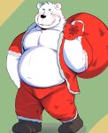 2023 anthro bear belly big_belly black_nose blush bottomwear clothing costume hi_res kemono male mammal overweight overweight_male pants polar_bear santa_costume simple_background solo ursine wnsgh2466