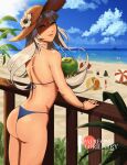  1girl ass beach beach_umbrella bikini blue_bikini blue_sky blurry blurry_background bracelet cloud drinking_straw emil_(nier) english_commentary fence flower food fruit grey_hair hat hat_flower holding holding_food horizon jewelry kaine_(nier) long_hair looking_at_viewer looking_back melon nier nier_(series) nier_(young) outdoors parted_lips patreon_logo patreon_username sky solo_focus sun_hat swimsuit umbrella wadansi wooden_fence 