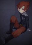  1boy against_wall arm_support belt black_footwear black_jacket claus_(mother_3) closed_mouth gloves grey_background highres jacket knee_up looking_ahead male_focus mother_(game) mother_3 pants pink_eyes red_hair red_pants shifumame short_hair sitting solo white_gloves zipper 