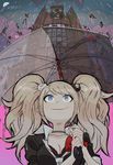  bad_id bad_pixiv_id blonde_hair blood blue_eyes danganronpa danganronpa_3 enoshima_junko hair_ornament long_hair nail_polish pall pink_blood smile solo_focus spoilers suicide twintails umbrella 