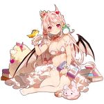  animal animal_on_shoulder bird bird_on_hand bird_on_shoulder book breasts demon_wings full_body horns kuore_timido large_breasts long_hair looking_at_viewer no_shoes official_art pink_eyes pink_hair scrunchie sheep showgirl_skirt slime smile solo sukja transparent_background uchi_no_hime-sama_ga_ichiban_kawaii wings wrist_scrunchie 