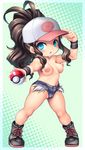  10s 1girl :3 :d antenna_hair bag bare_legs baseball_cap boots brown_hair chibi female full_body hair_ornament hat legs long_hair looking_at_viewer nintendo nipples no_bra poke_ball poke_ball_hat poke_ball_print pokemon pokemon_(game) pokemon_bw ponytail short_shorts touko_(pokemon) very_long_hair vest 