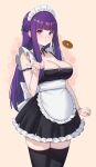  1girl :t alternate_costume apron blush breasts chen_yang_yang cleavage closed_mouth enmaided fern_(sousou_no_frieren) frilled_apron frills highres large_breasts long_hair maid maid_apron maid_headdress pout purple_eyes purple_hair sidelocks solo sousou_no_frieren straight_hair white_apron 